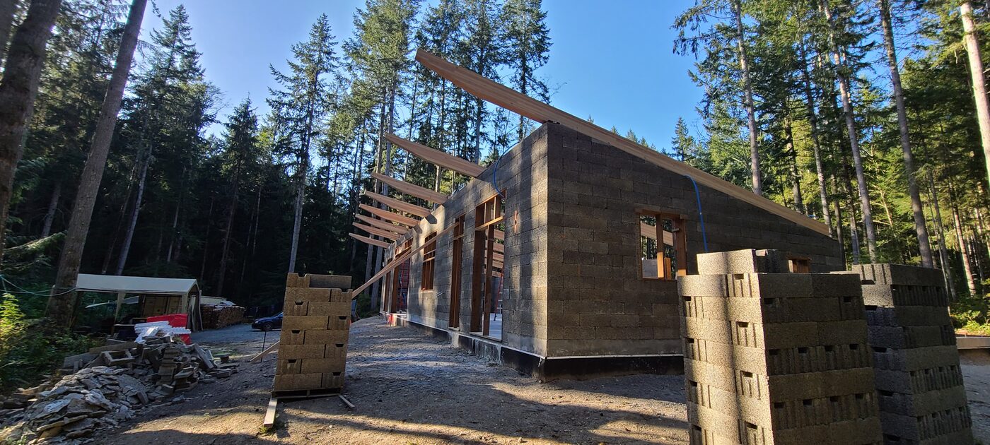 Faswall ICF block house under construction — Whidbey Island forest